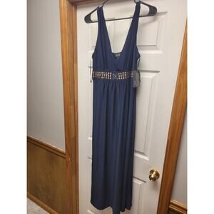 JSP Navy Maxi Dress Gold Studded Empire Waist Sleeveless XL NWT